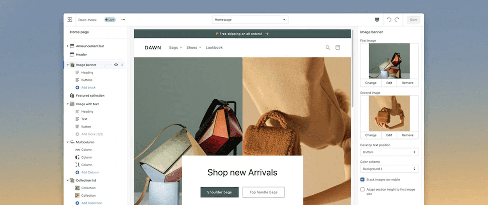 Screenshot of Shopify site builder.